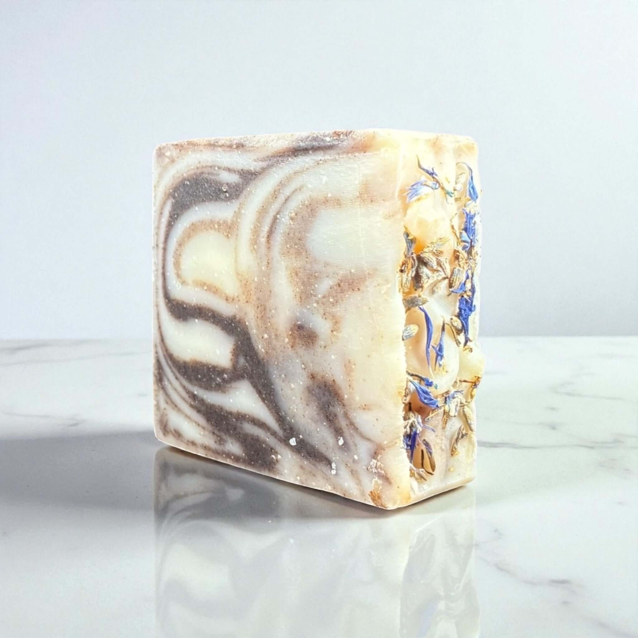 Lavender Goat Milk Soap with marbled design, handcrafted for gentle cleansing and sensitive skin care.