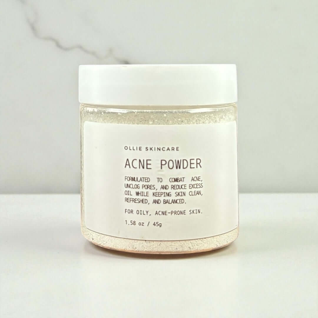 Cleansing grains in a jar labeled Acne Powder, designed for oily and acne-prone skin, promoting clean and refreshed skin.