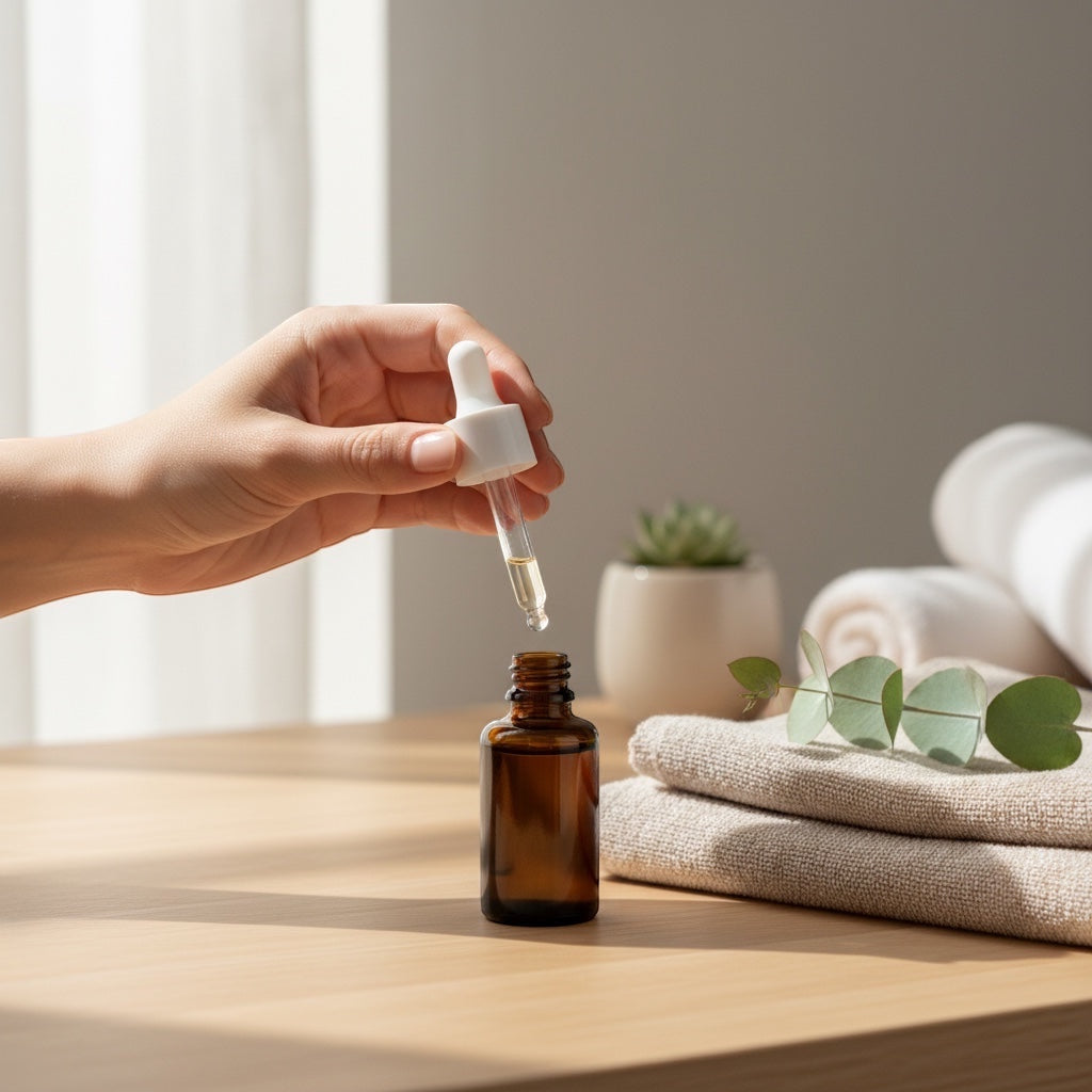 OLLIE SKINCARE Bakuchiol Facial Oil in an amber glass dropper bottle being applied on a wooden table with towels.