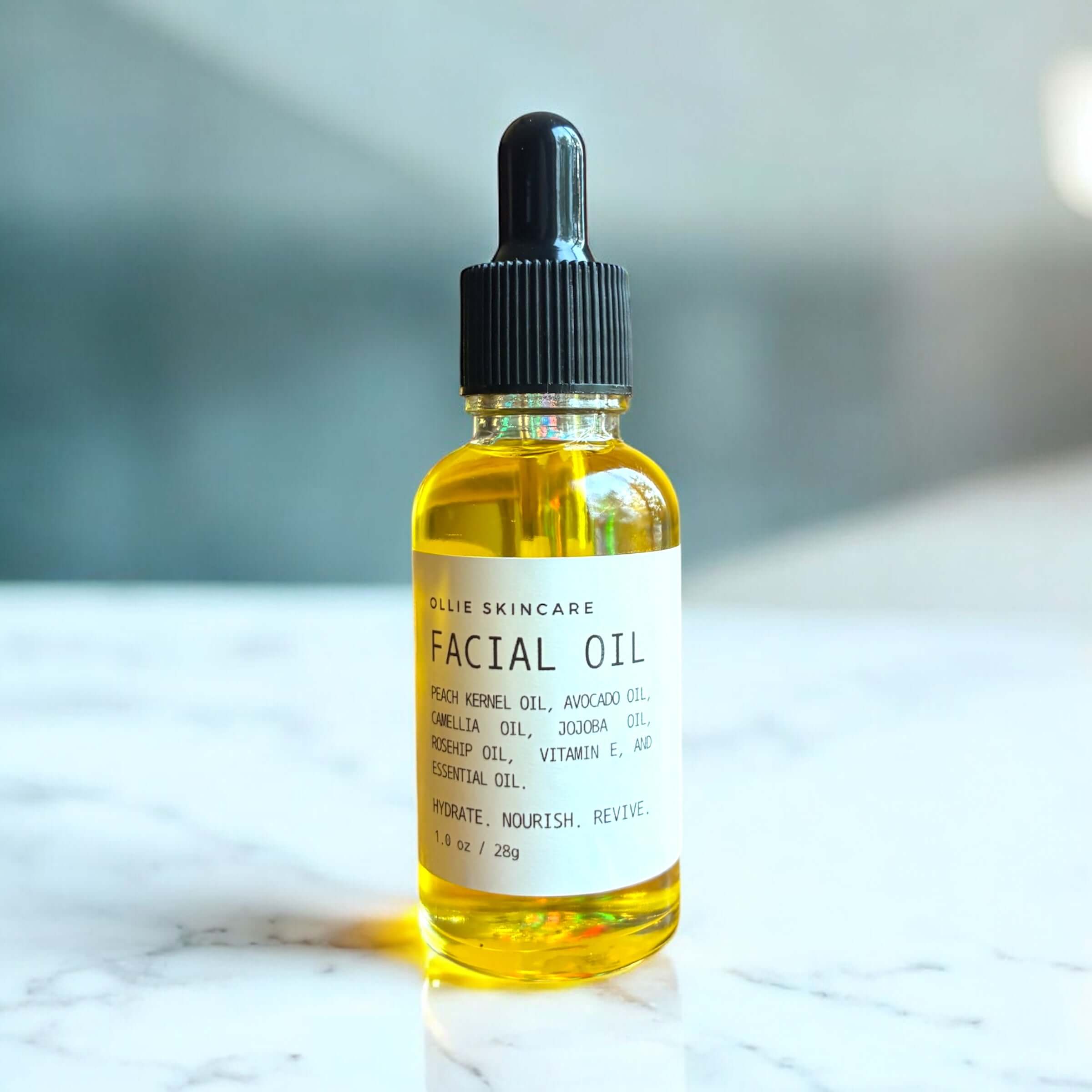 Facial Oil bottle with dropper, enriched with essential oils for deep skin nourishment and hydration.
