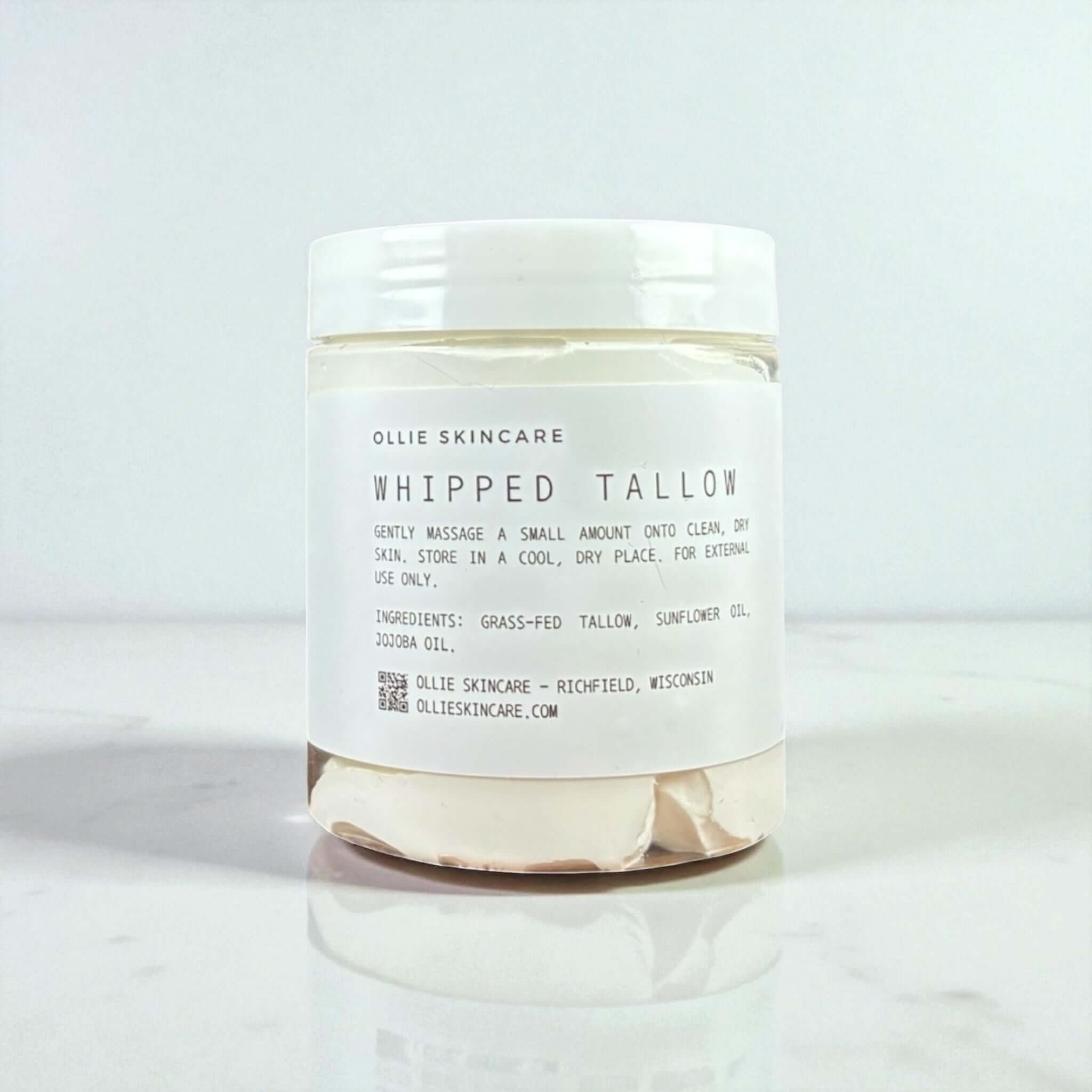 Whipped Tallow skincare product in a jar, enriched with grass-fed tallow and natural oils for deep hydration.