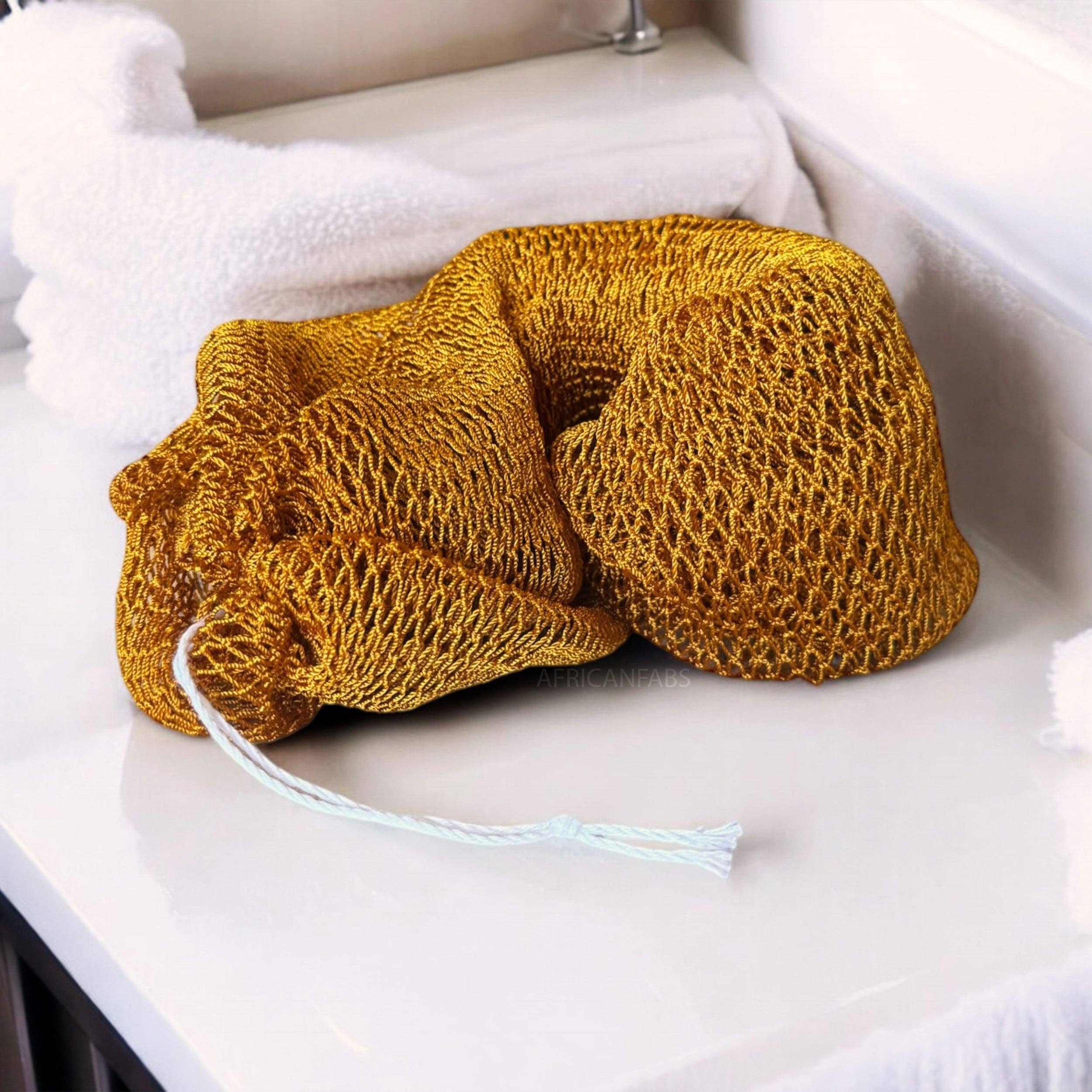 Traditional African Net Sponge for deep cleansing and radiant skin, made of 100% nylon, perfect for full-body exfoliation.