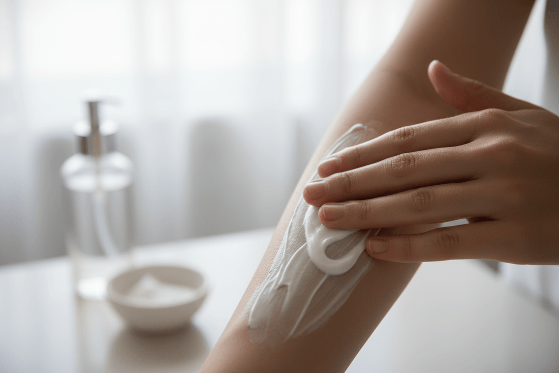 Applying whipped tallow: A Gentle, Ancestral Moisturizer for Sensitive Skin on the arm for hydration.