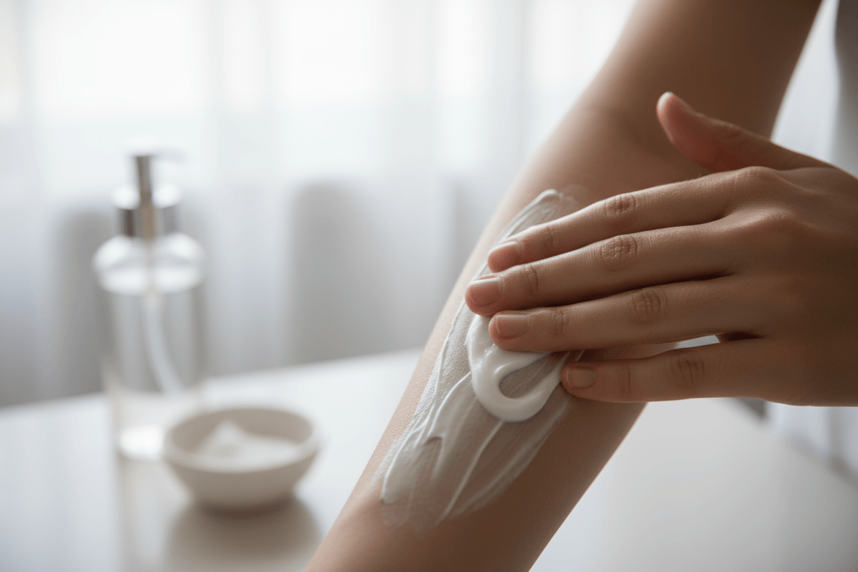 Applying whipped tallow: A Gentle, Ancestral Moisturizer for Sensitive Skin on the arm for hydration.