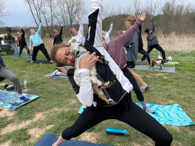 Feel the Zen Vibes of Goat Yoga with participants enjoying yoga while interacting with goats.