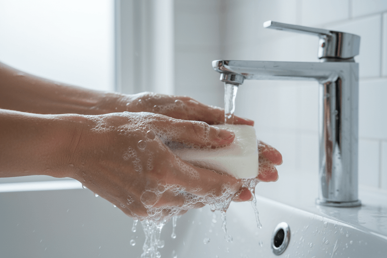 Washing hands to prevent illness with soap and water at a sink.