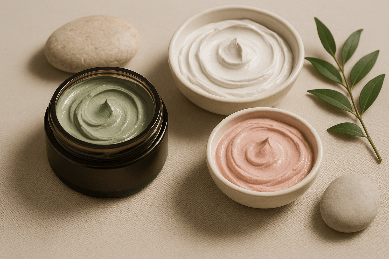 7 Clay Face Masks: Kaolin Clay vs Bentonite Clay Benefits (2025 Guide) with green, white, and pink clay in bowls.