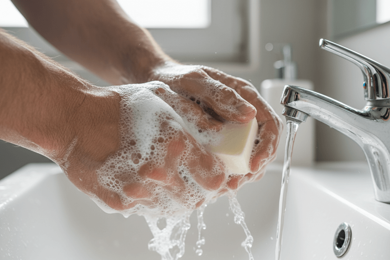 Why Quality Soap Matters for Men’s Skin and Grooming: Man washing hands with soap and water in sink.