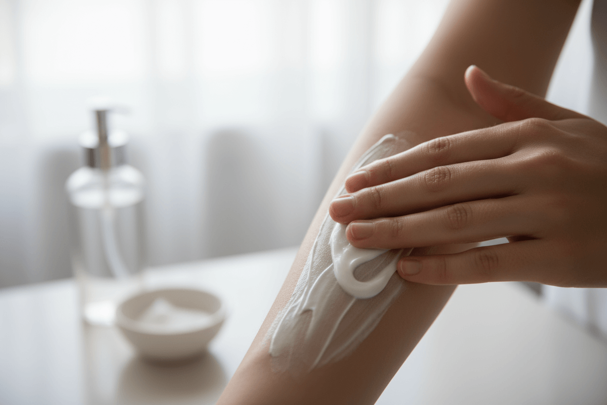 Applying whipped tallow: A Gentle, Ancestral Moisturizer for Sensitive Skin on the arm for hydration.