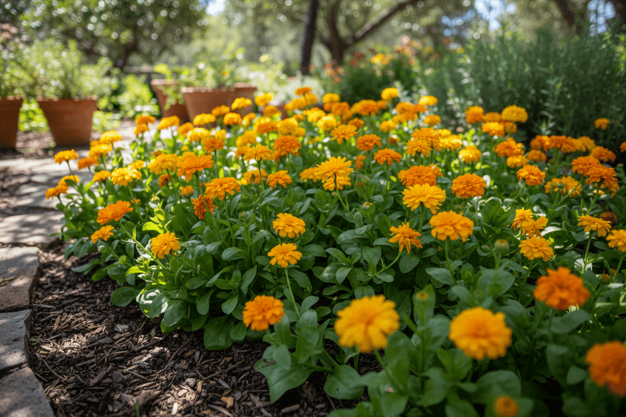 Vibrant yellow calendula flowers in a lush garden, showcased in Calendula Skin Products at a Glance.
