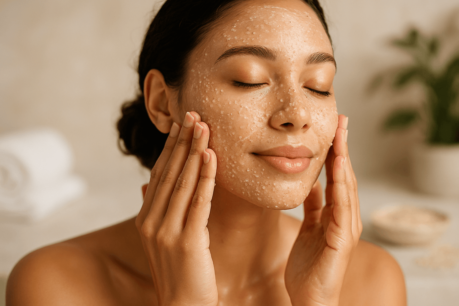 A woman gently exfoliating her face, demonstrating The Art of Exfoliation: How and Why to Include It in Your Routine.
