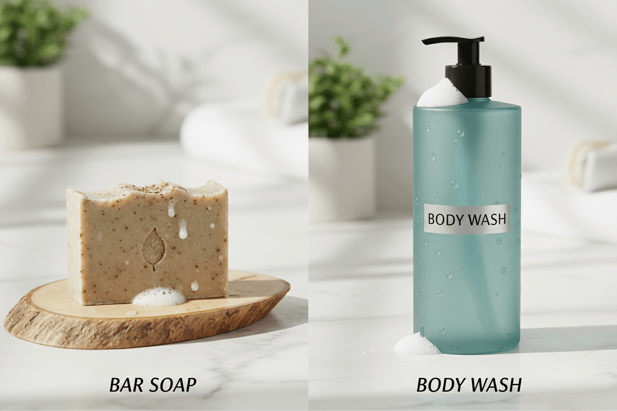 Difference Between Body Wash and Soap: Complete Guide for Your Skin with bar soap and body wash images.