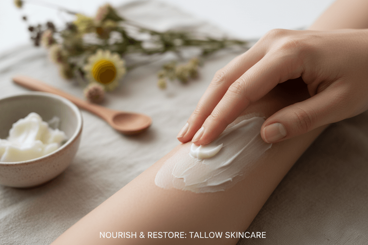 Applying tallow moisturizer for skin benefits, as highlighted in Tallow for Skin: Natural Skincare Benefits & Uses.