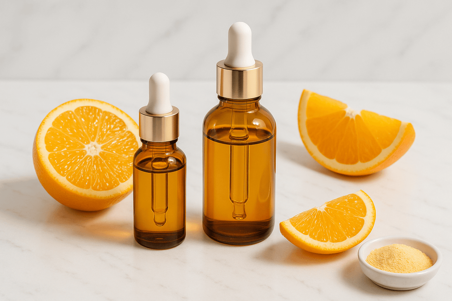 The Beginner’s Guide to Vitamin C in Skincare: Benefits, How to Use, and the Best Products with vitamin C serums and oranges.