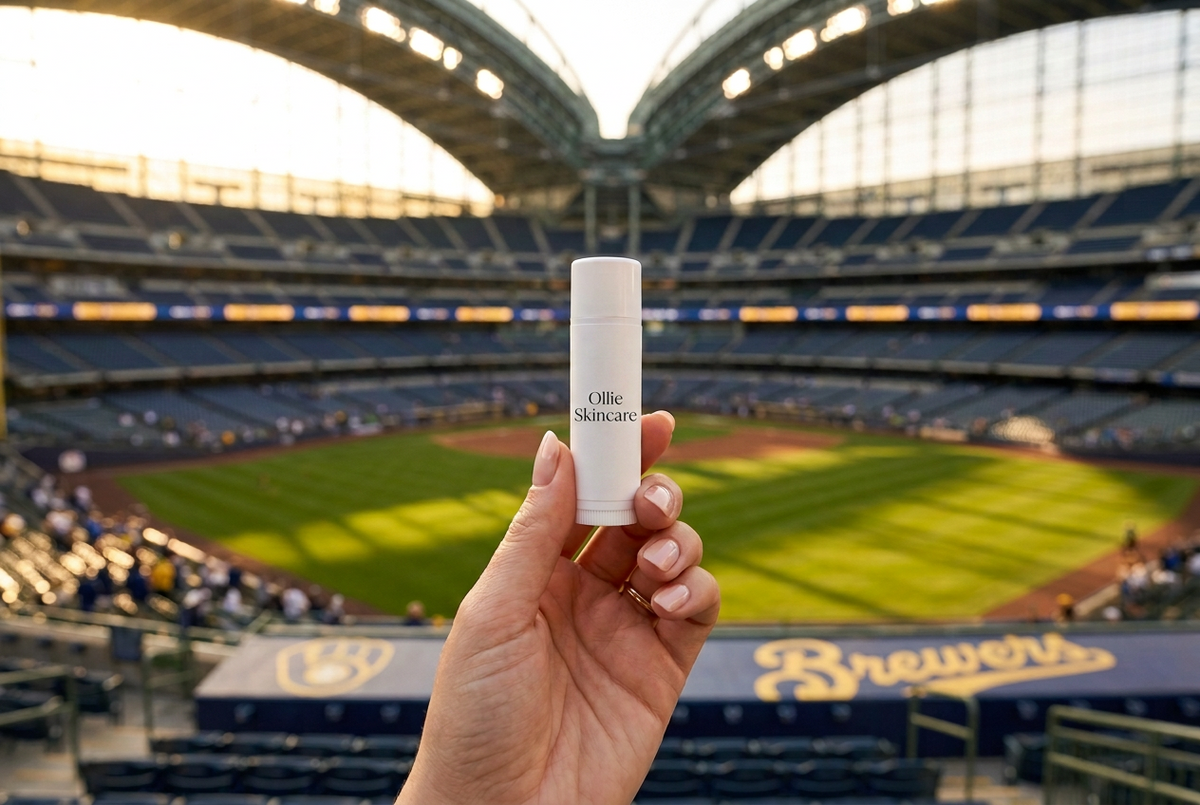 Ollie Skincare lip balm at a Milwaukee Brewers game
