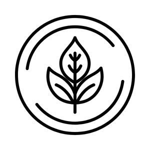 Black leaf icon within a circular border on a white background