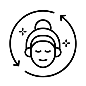 Icon of a person with a headband and closed eyes, surrounded by circular arrows and floral elements.
