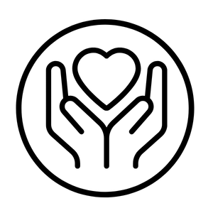 Black outline of two hands holding a heart symbol on a white background