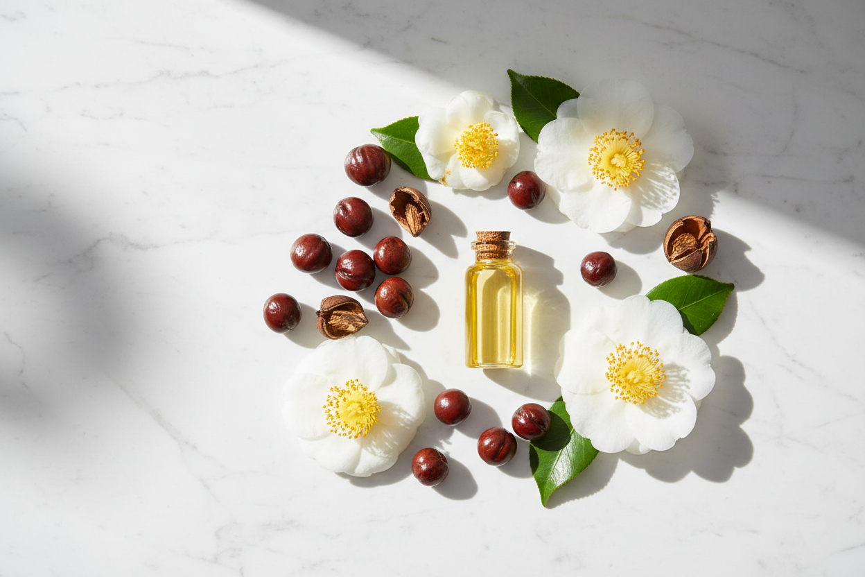 camellia oil. The image is being used on a face oil product page to show clean ingredients