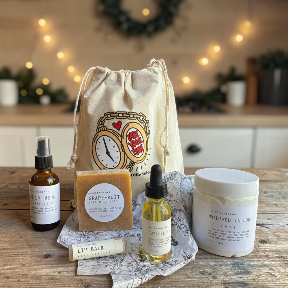 Winter Skin Rescue gift set: Whipped Tallow, magnesium oil spray, Grapefruit goat milk soap, cuticle oil and lip balm with a cotton gift bag.