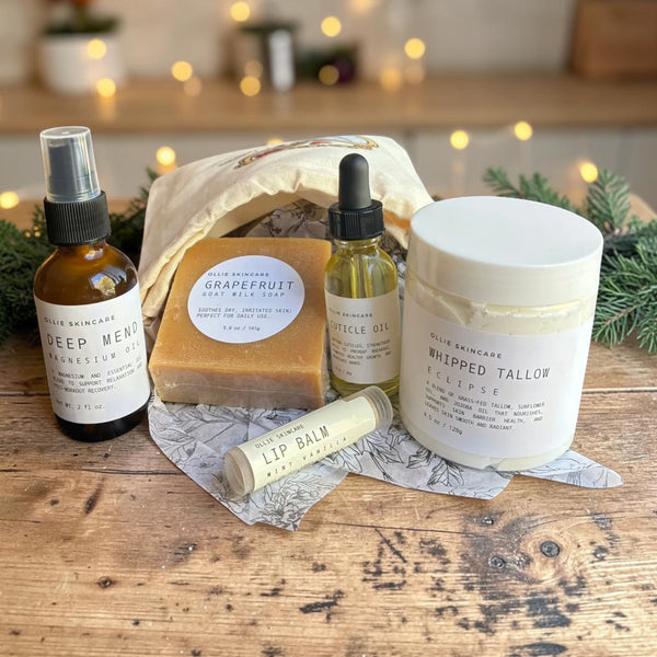 Winter Skin Rescue gift set: Whipped Tallow, magnesium oil spray, Grapefruit goat milk soap, cuticle oil and lip balm with a cotton gift bag.