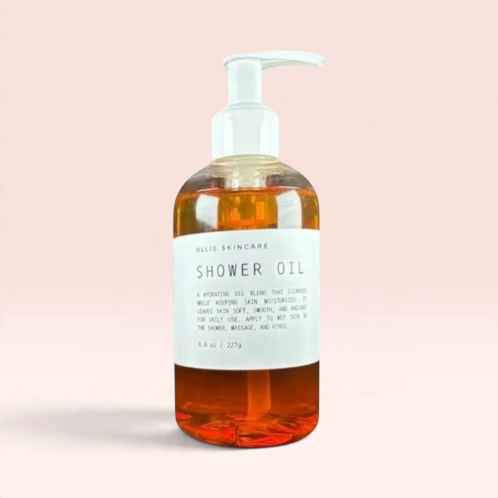 Ollie Skincare Shower Oil bottle, a moisturizing oil-based body wash.