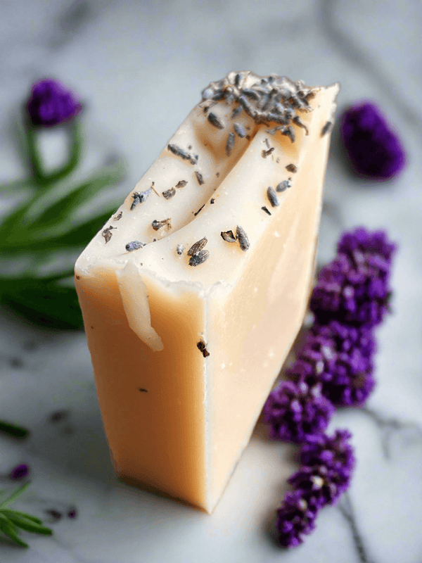 Lavender Goat Milk Soap with lavender flowers, handcrafted for sensitive skin and effective cleansing.