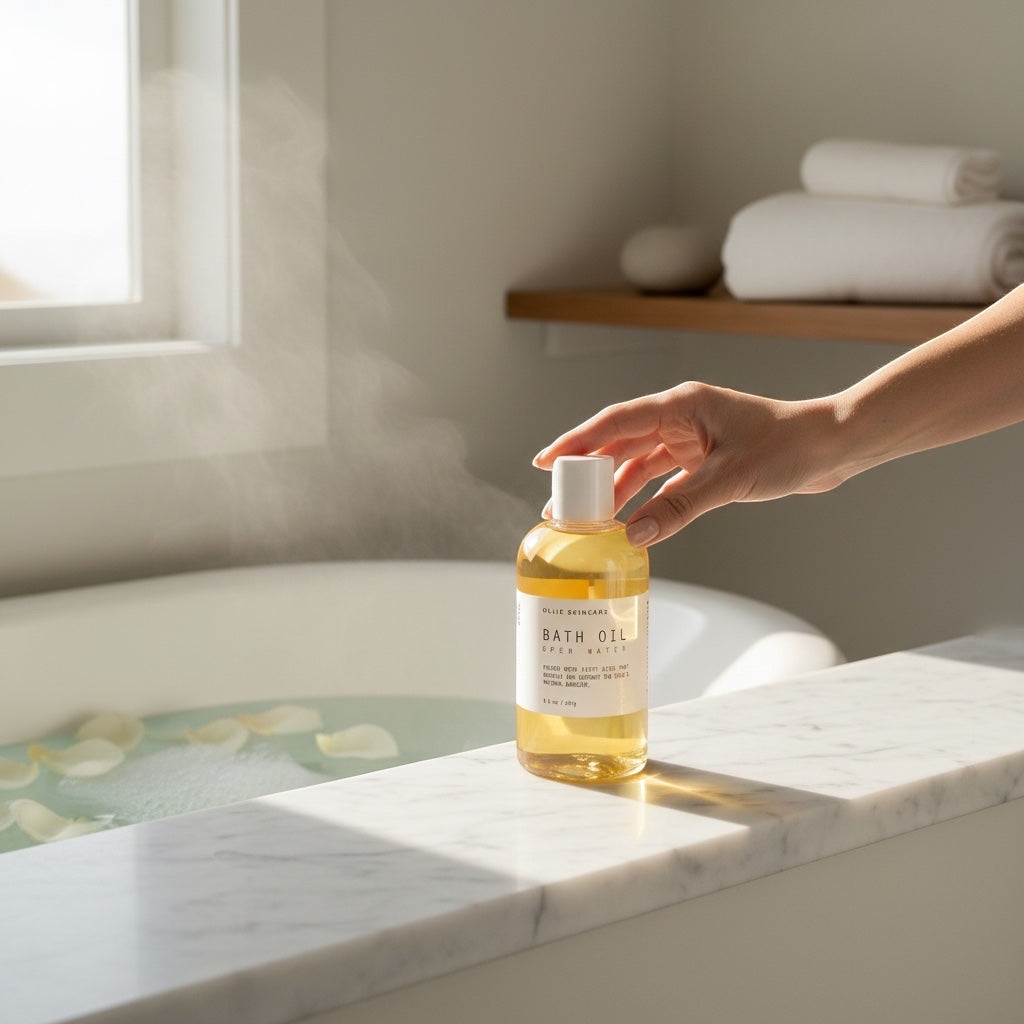 OLLIE SKINCARE bath oil bottle held by a hand on a marble ledge next to a steaming bathtub with flower petals.