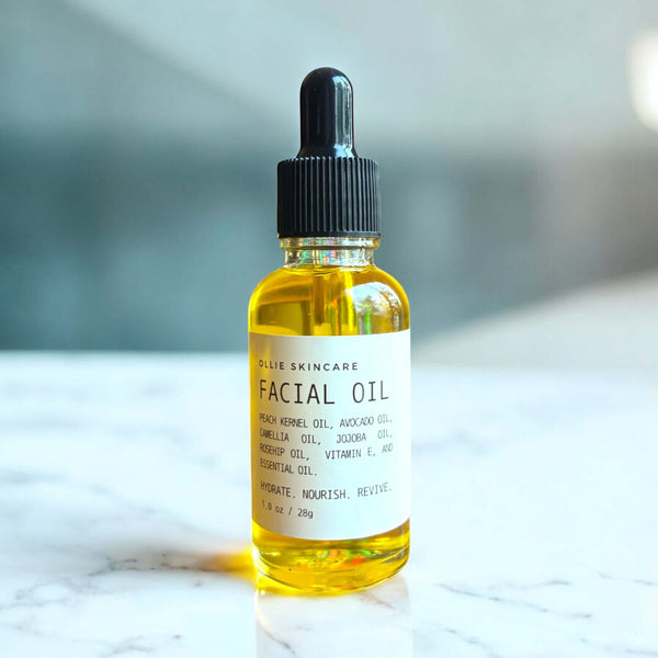 Facial Oil bottle with dropper, enriched with essential oils for deep skin nourishment and hydration.