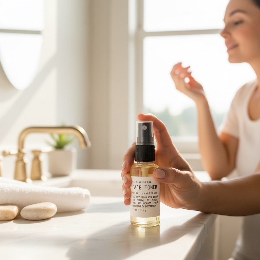 OLLIE SKINCARE Neroli Grapefruit Face Toner Mist in a clear spray bottle held by a woman in a bright bathroom