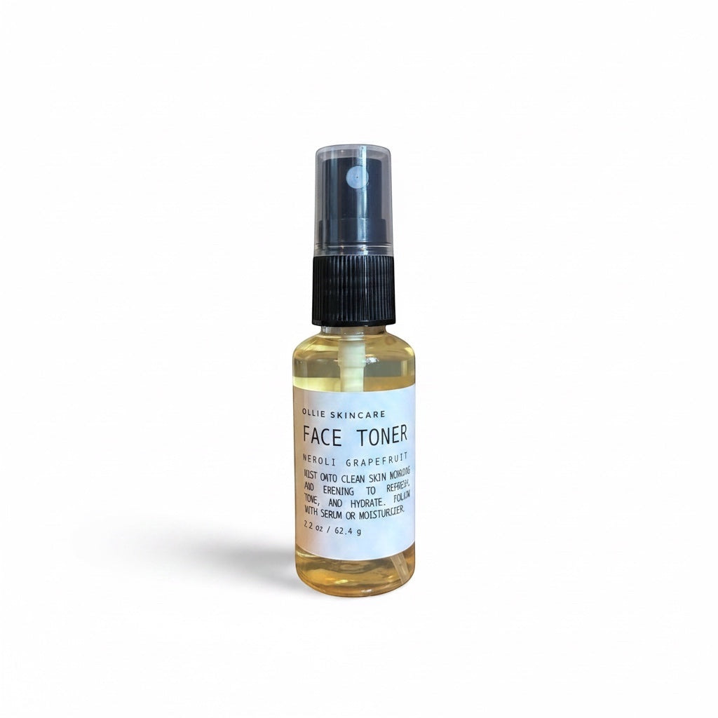 OLLIE SKINCARE Neroli Grapefruit Face Toner Mist in a clear spray bottle for refreshing and hydrating skin.