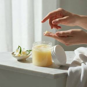 OLLIE SKINCARE nourishing makeup removing balm in a jar with hands scooping product next to white jasmine flowers