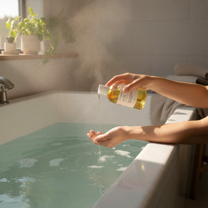 OLLIE SKINCARE Open Water Bath Oil being poured into a warm, steaming bathtub for a restorative spa experience.
