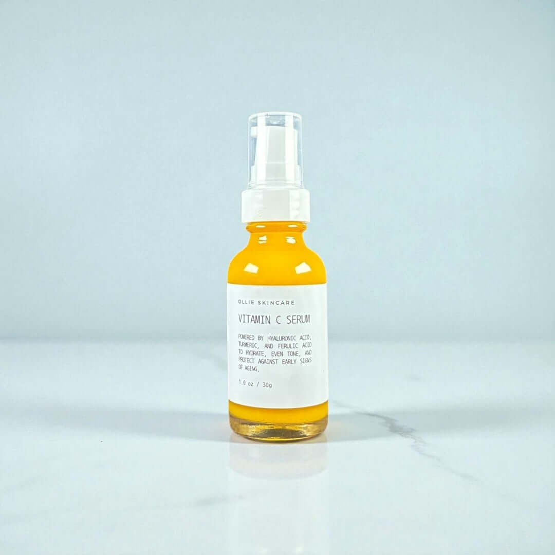 Ollie Skincare Vitamin C Serum in a yellow glass bottle for brightening and hydrating skin.