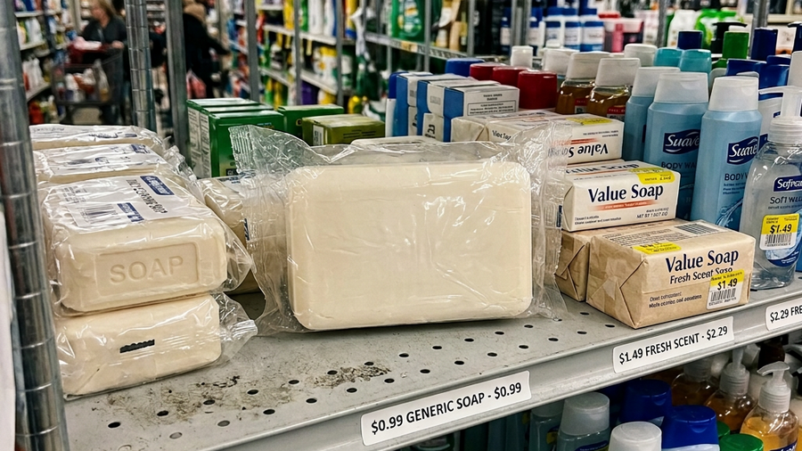 Plain plastic-wrapped store-brand soap on a shelf