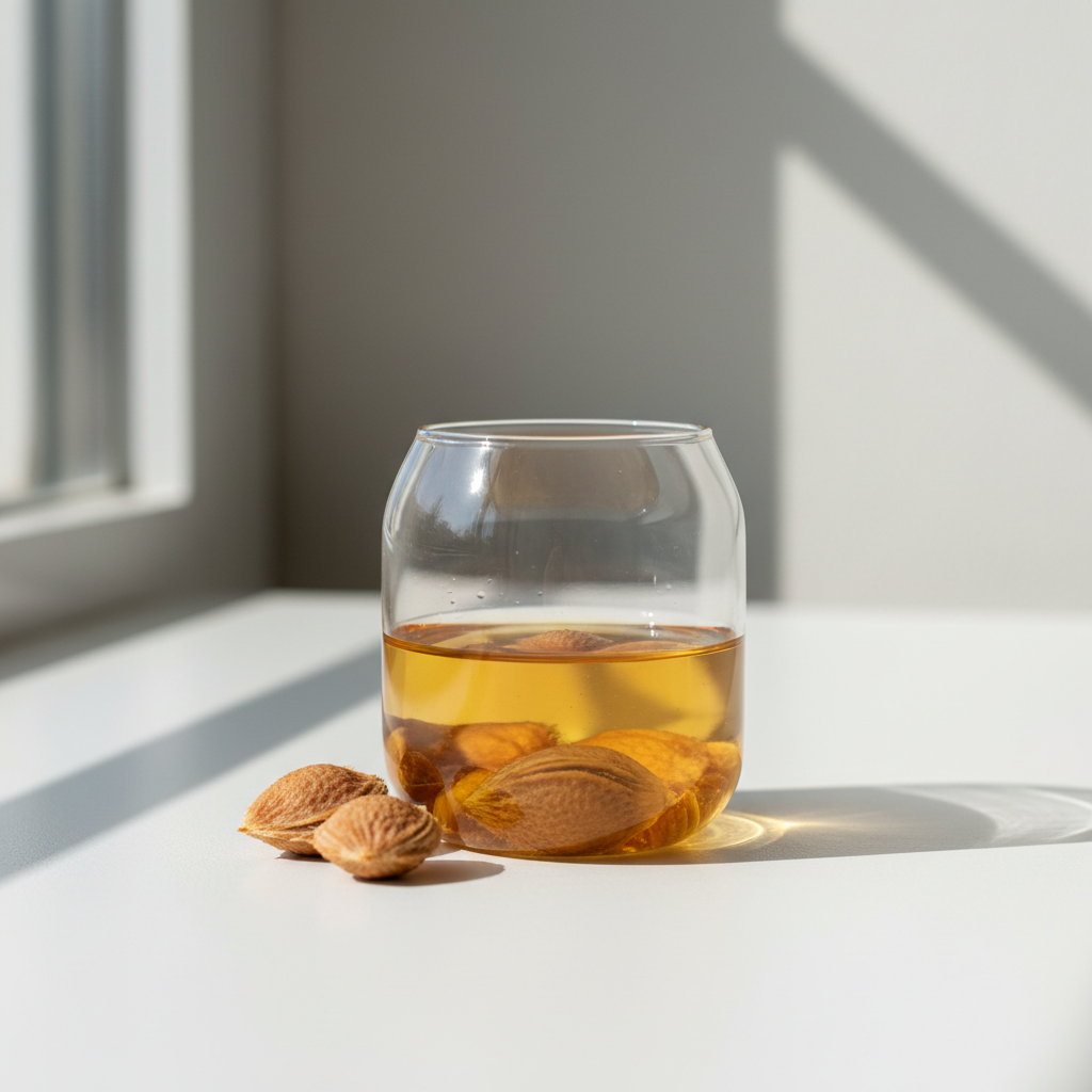 plum kernel oil. photo of raw ingredient for clean ingredients section of product page